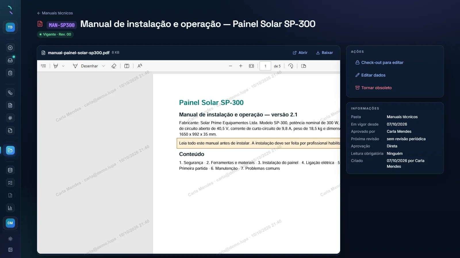 Lista de documentos com versão, vigência e permissões